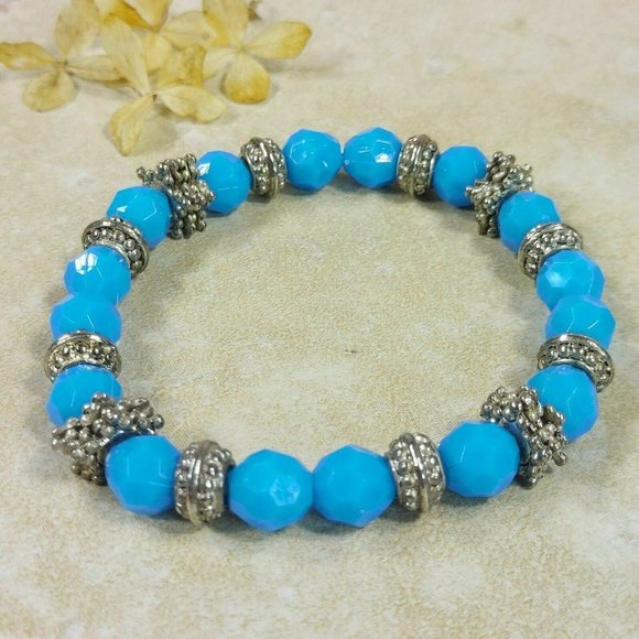 Blue & Silver Stones Beaded Bracelet Gemstones Beads Jewelry Jewel Trinket Gift - Picture 3 of 10